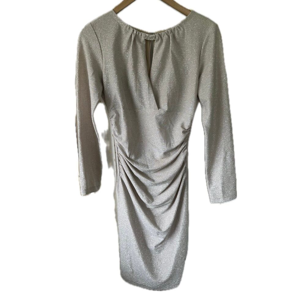 Marina Champaign Shimmer Rhinestone Neck Hardware Cut Out Chest Cocktail Dress 8